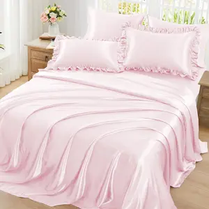 Ruffled Sheets Twin Size 4pc Set - Blush Pink Bed Sheet Set with 15 Inch Deep Fitted Sheet, 1 Flat Sheet, 1 Ruffled Pillow Shams & 1 Pillowcases, Similar to Silk Sheets