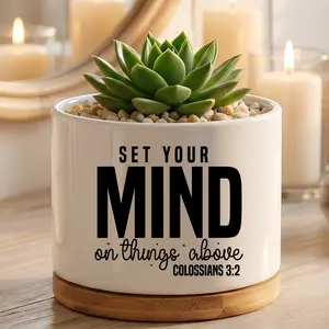 "Set Your Mind On Things Above" Colossians 3:2 Religious Ceramic Succulent Planter with Bamboo Tray - Aesthetic Faith White Mini Pot - Christian Decorative Flower Pot for Shelf & Tabletop