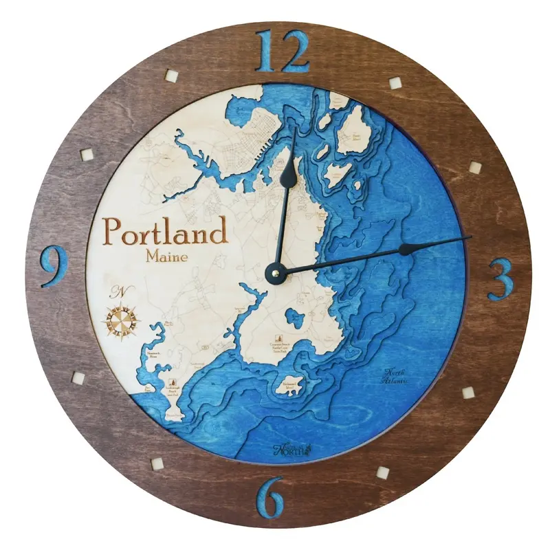 Premium Walnut Wood Portland Maine 3D Nautical Clock with Detailed Map Design and Blue Accents