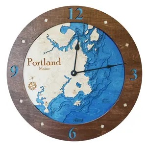 Premium Walnut Wood Portland Maine 3D Nautical Clock with Detailed Map Design and Blue Accents