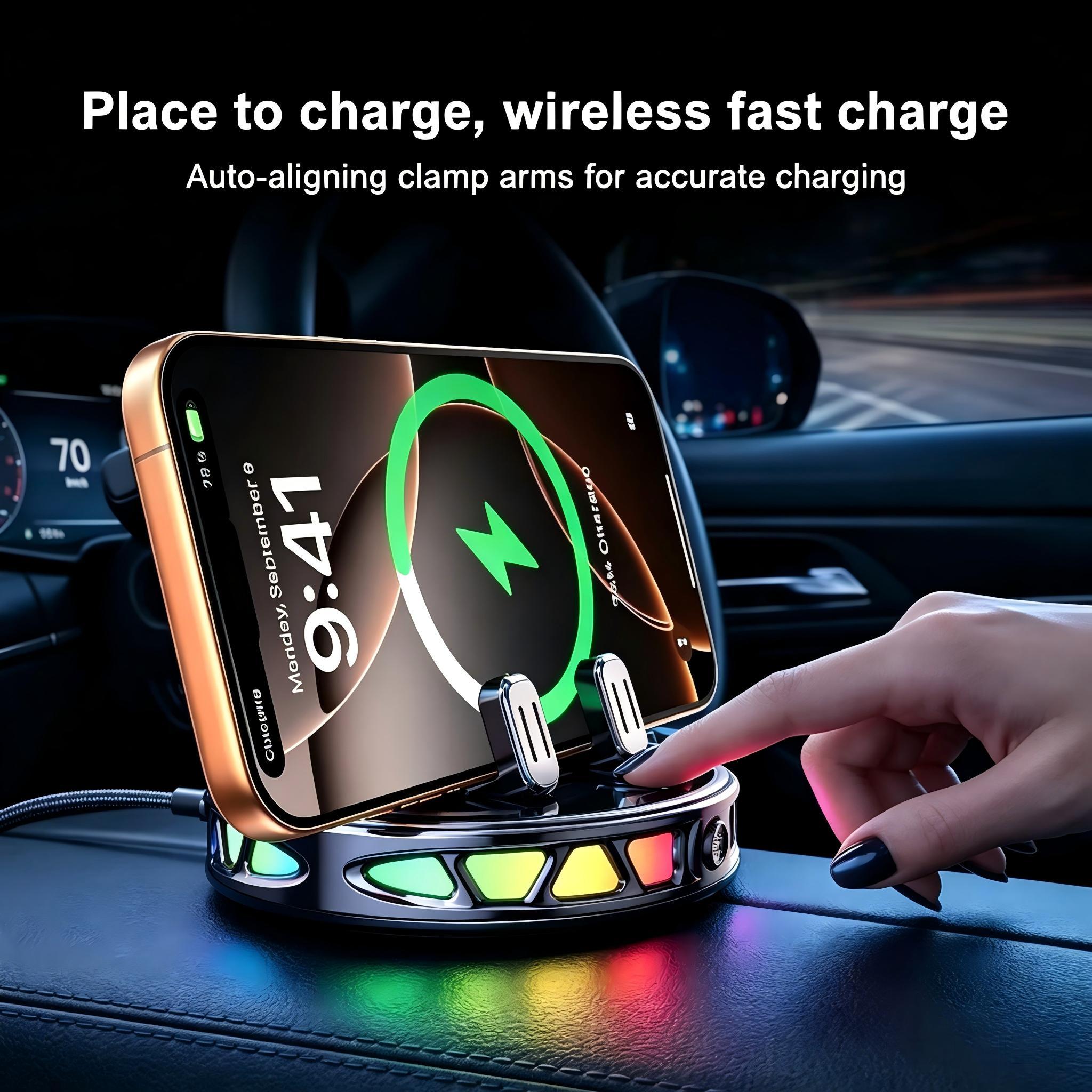 【DealsForYouDays】360° Rotating Wireless Charging Car Phone Mount with RGB Ambient Light — Ultra-Stable Suction, Auto-Lock, Fits Dashboard, Windshield, Compatible with iPhone and Android
