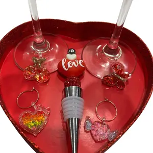 Kafei Creative Inkworks Wine Stopper and Wine Glass Charm Set - Custom Beaded Wine Stoppers with Sugar Charms, Includes Butterfly, Heart with Wings, Golden Heart & Cherries