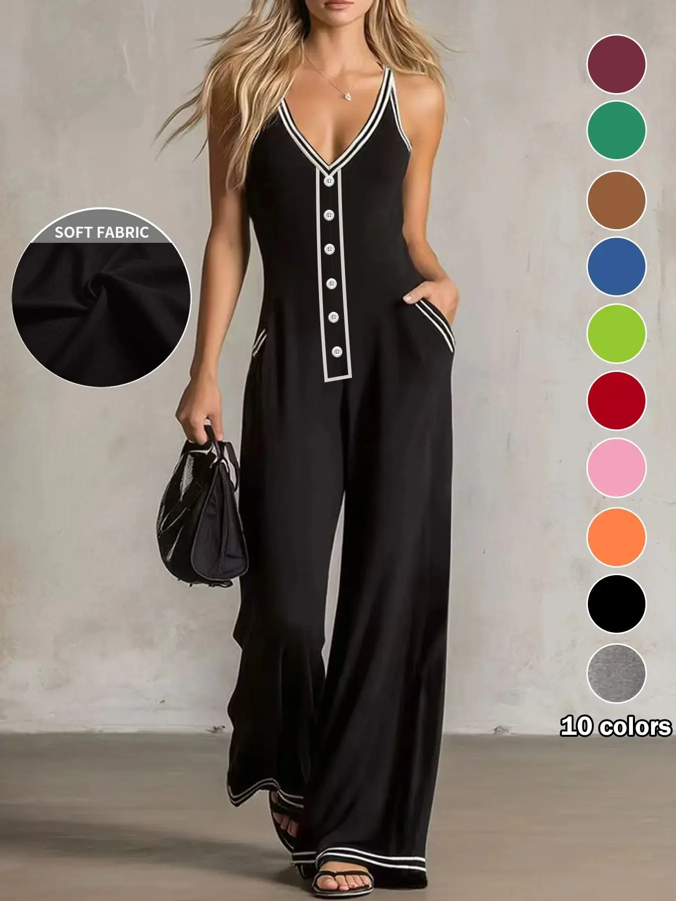 [Juicy Exclusive]Plus Size Women Jumpsuit, Pocket Design, 10 Colors Available, Casual Home Wear, Deep V Neck, Button Front, Slimming Effect, Essential for Daily Use
