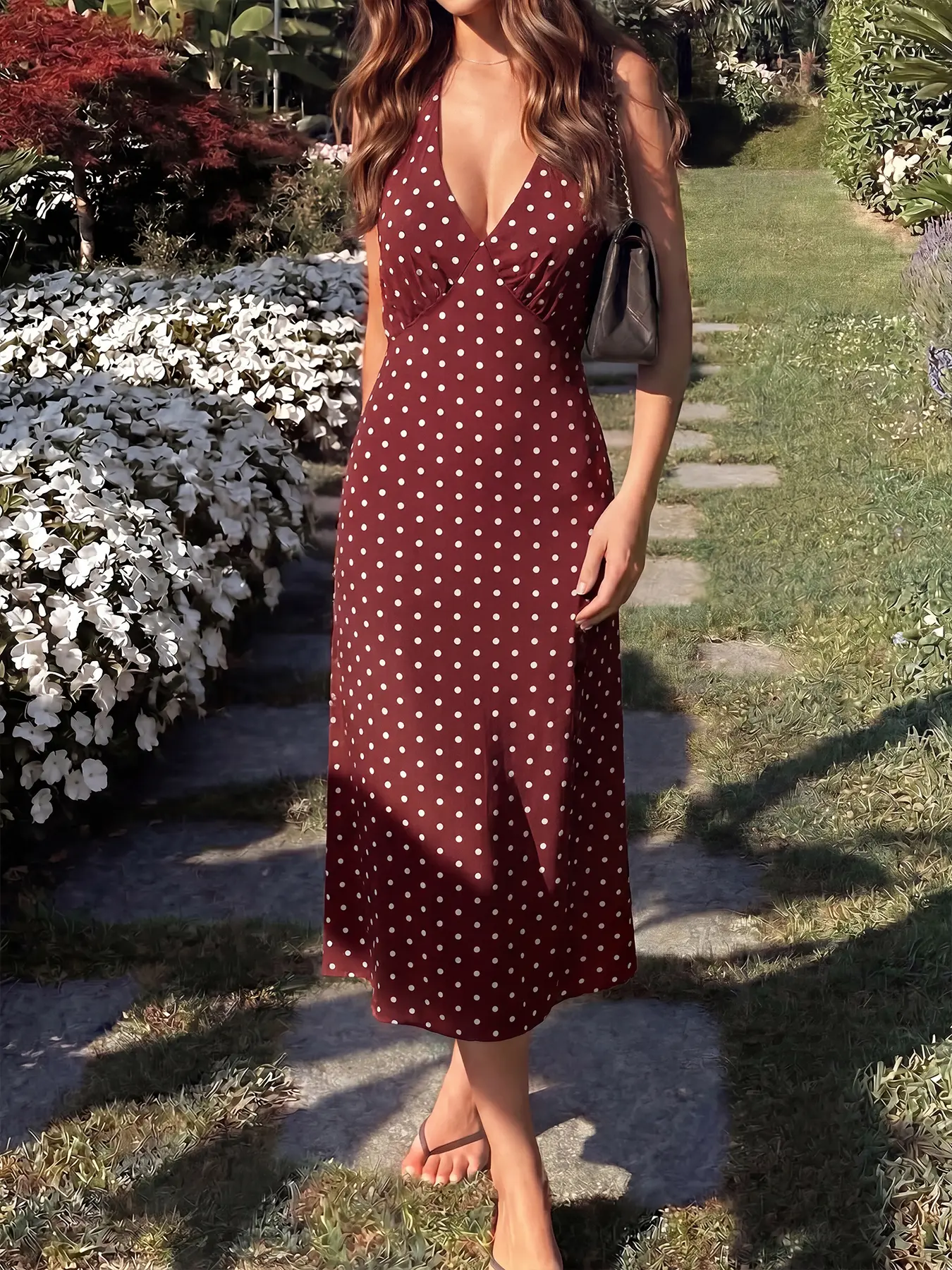 Women's Boho Print Polka Dot Maxi Dress, Elegant Summer Sleeveless Party Casual A-Line Dress, Halter Lace-up Sexy Backless Deep V-Neck White Fashion Dress Women Womenswear Vneck