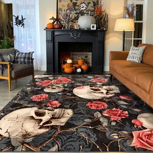 Dark Rose Skull Pattern Printed Carpet for Halloween, Home Decor Rug for Living Room and Bedroom, Multi-Size Options for Various Settings