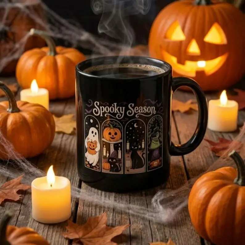 Spooky Season Ghost Pumpkin Cauldron Mug Black Halloween Coffee Mug Ceramic Coffee Cup Cute Ghost Mug Fall Gift for Halloween Lovers