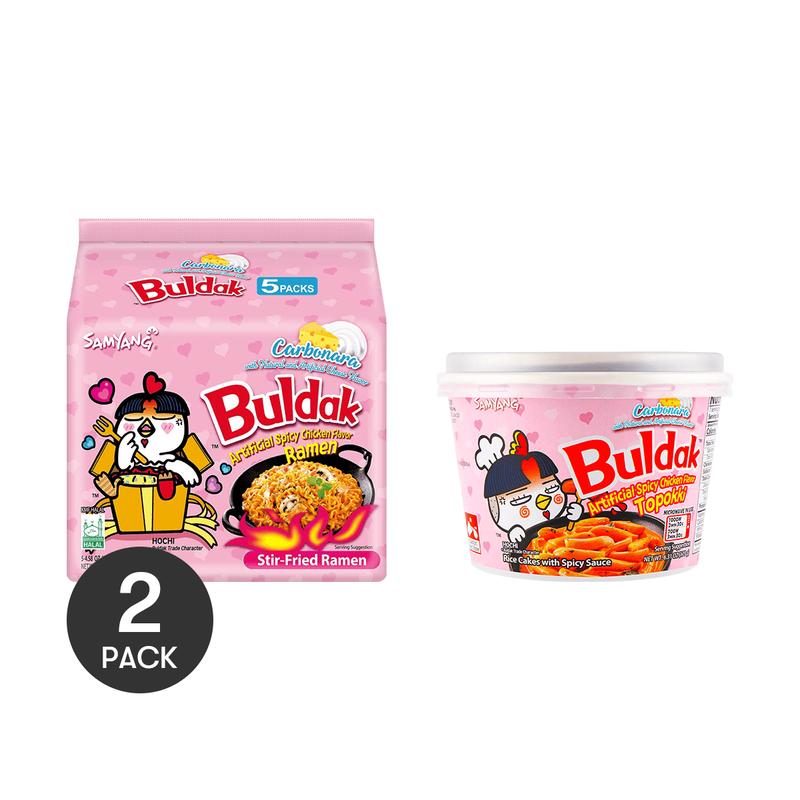 SAMYANG Korean Buldak Carbonara Ramen 5 Packs* 4.58oz+Carbonara Topokki 6.31 oz,Spicy Chicken Cheese Flavor 【2 Packs】