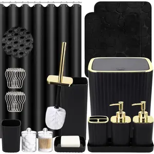 Bathroom Set with Shower Curtain and Rugs- 25PC Bathroom Accessory Set, Black Shower Curtain Set, Toilet Brush, Trash Can, Qtip Holder Dispenser & Soap Dispenser