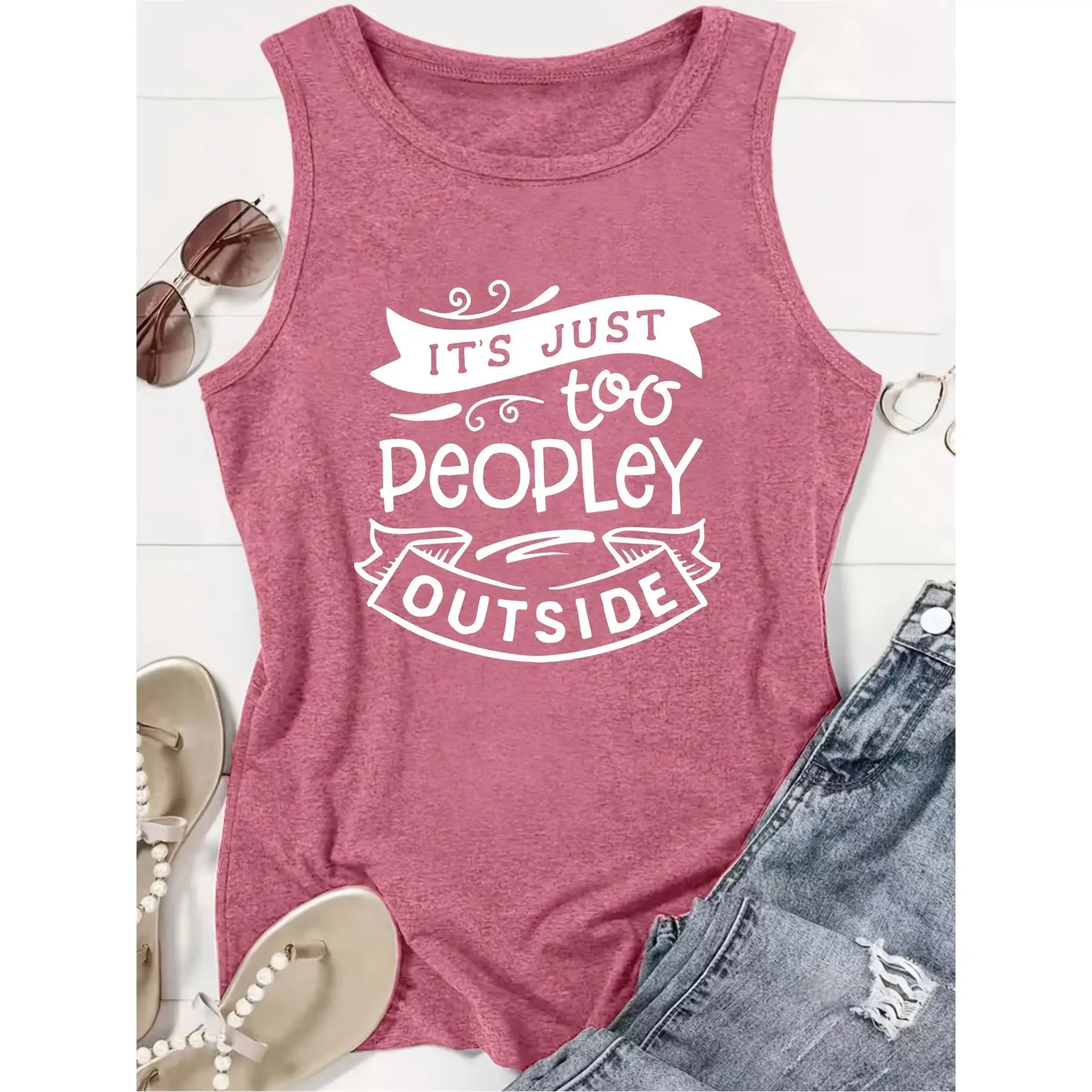 Women's H-Type Preppy Retro Racerback Tank Top - 'Too Peopley Outside' Graphic Print, Casual Korean Summer Holiday Shirt, Lightweight Breathable Spandex-Rayon Fabric Blend