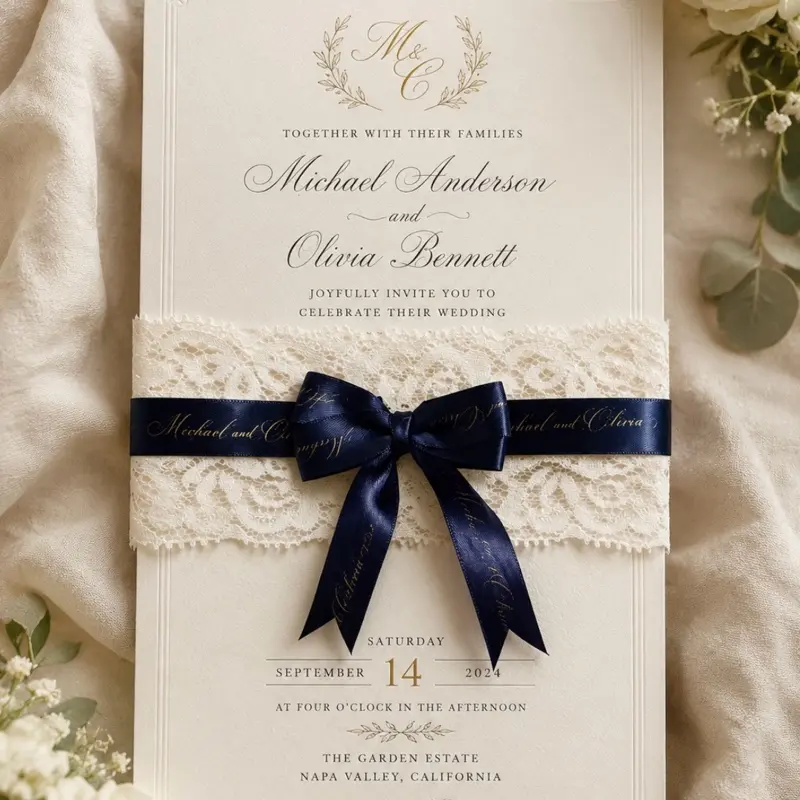 Personalized Lace Wedding Invitation Wrap, Featuring Custom-Name Ribbon