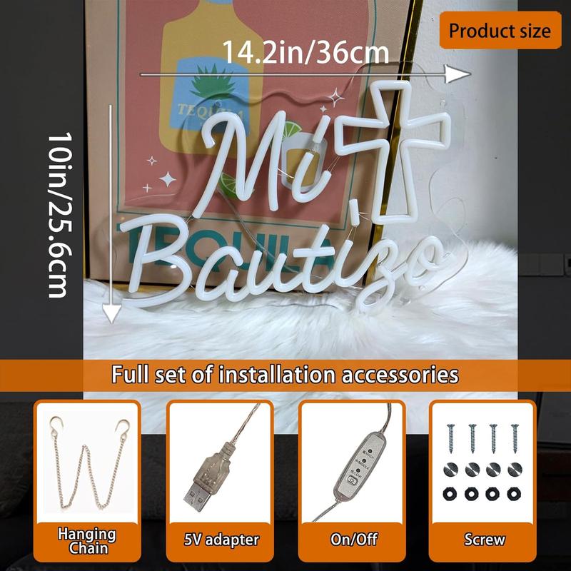 Mi Bautizo Neon Signs for Wall Decor, 14.2 * 10 Inches My Baptism Led Light Sign  for 's Birthday Party, Bedroom, Home, Room, Garden, Pub Bar, Easter,