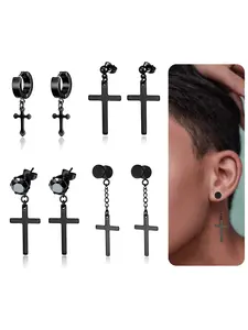 4 Pairs Stainless Steel Dangle Hinged Hoop Earrings Huggie Earrings Piercing CZ Stud for Men Women Silver Black Tone