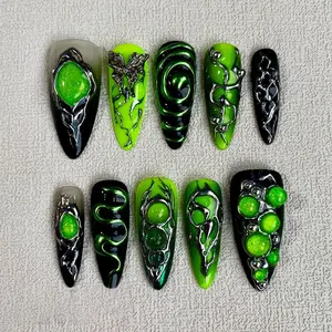 Chrome Dark Green Art Freestyle Swirls Press on Nails, Green Color Art Inspired Custom Hand-painted Almond Reusable Fake Nails