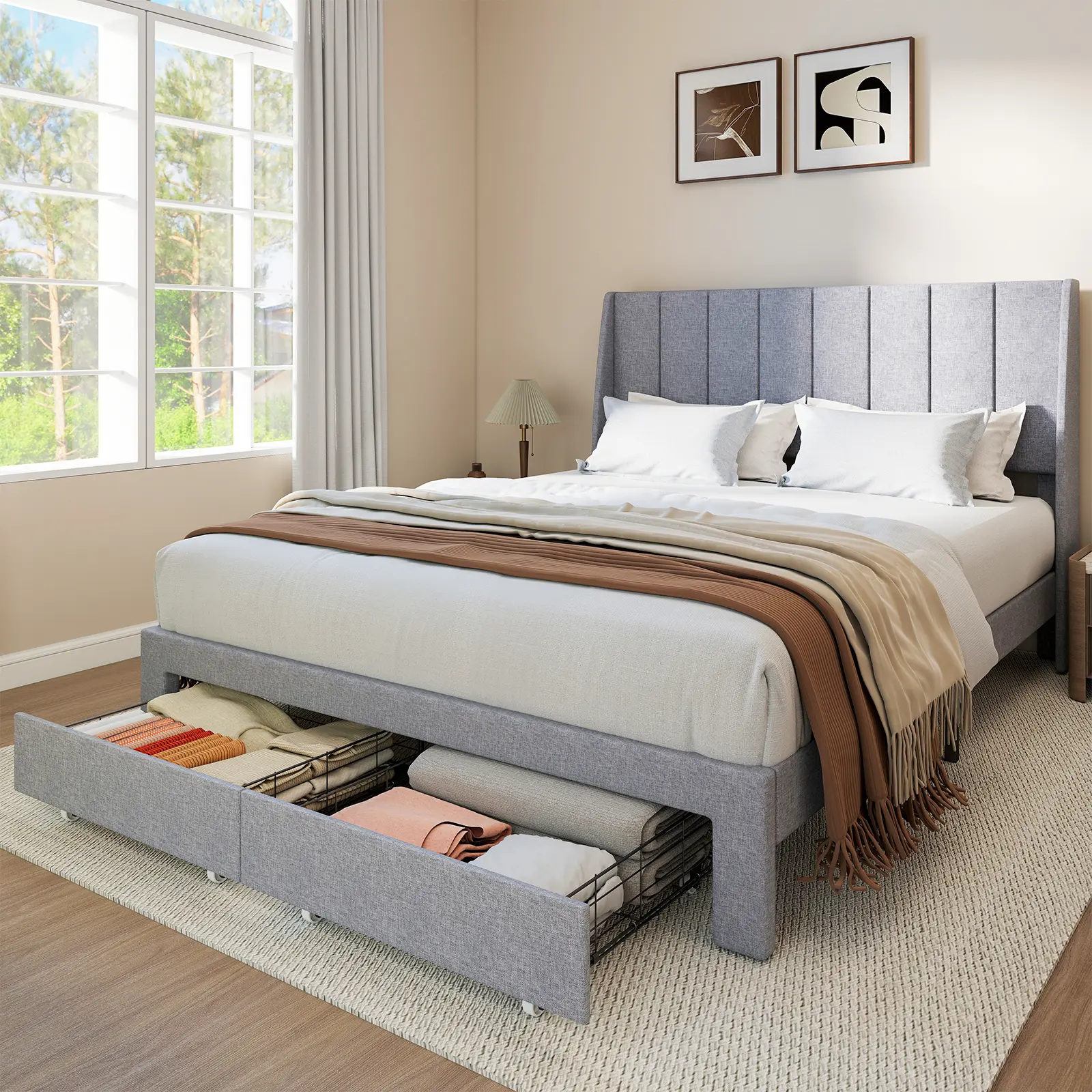 Sweetcrispy Contemporary Upholstered Platform Queen Bed Frame with Linen-Tufted Headboard, Underbed Storage Drawers and Built-In Charging Station, Upholstered Platform Beds