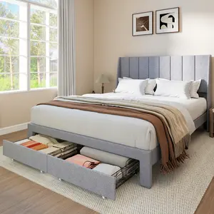 Sweetcrispy Bed Frame with Linen Tufted Upholstered Headboard, Underbed Storage Drawer, Charging Station