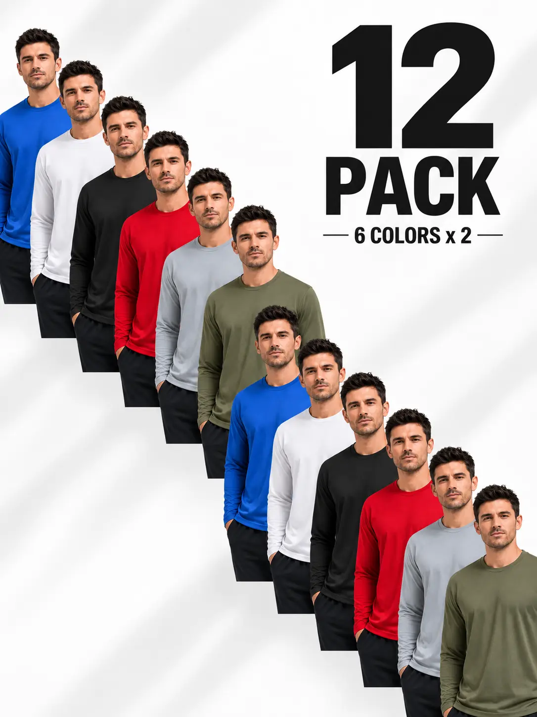 Men's 6/12 Pack Quick Dry Fishing Long Sleeves Shirt, Lightweight Breathable Mesh Quick Dry Raglan Stretch Tops, Polyester Compression Baselayer Undershirts, Athletic Rash Guard for Fishing, Running and Gym Training