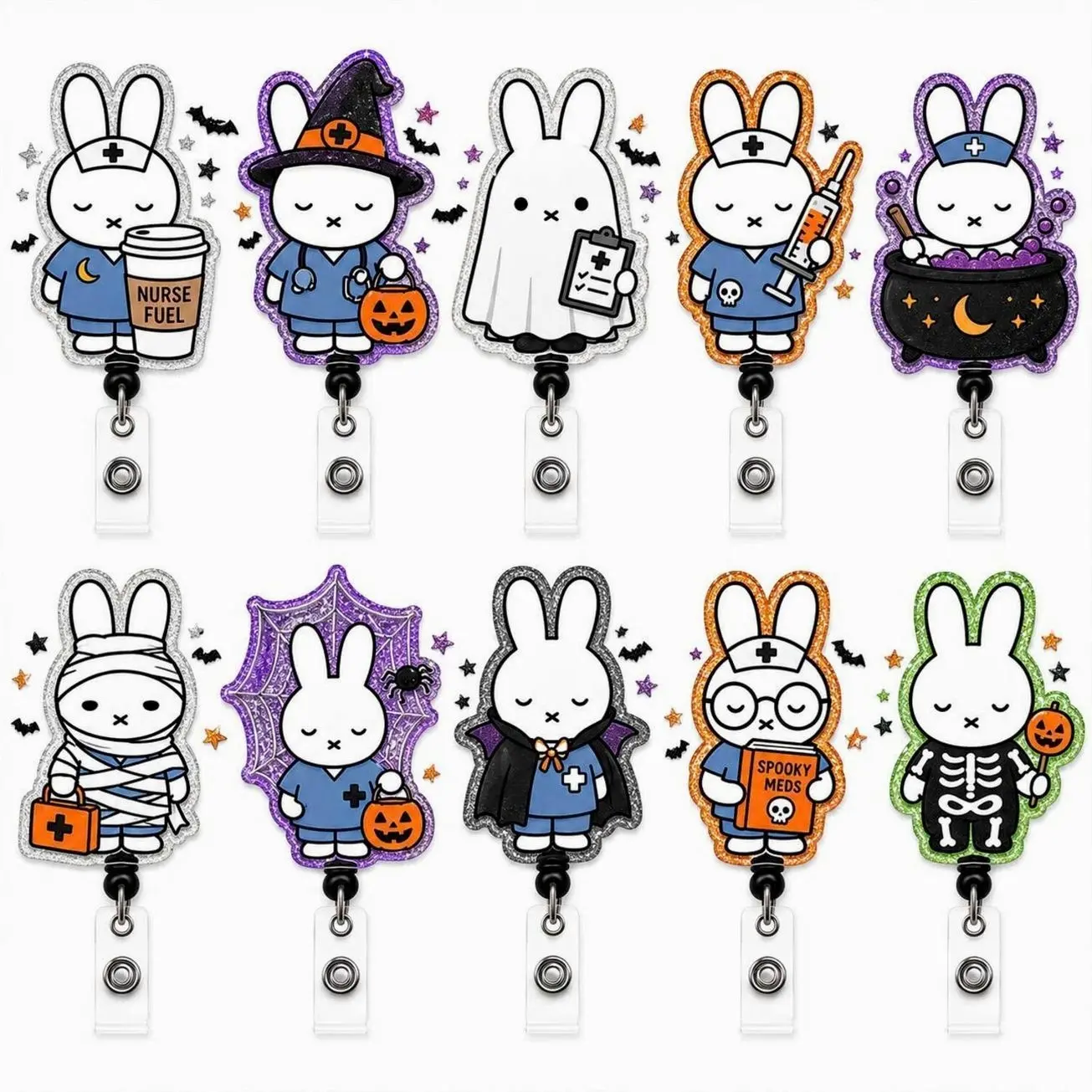 Halloween Bunny Badge Reel Retractable, Spooky Nurse Glitzy Acrylic ID Badge Holder, Kawaii Ghost Witch Vampire Clip, Creepy Cute Gift