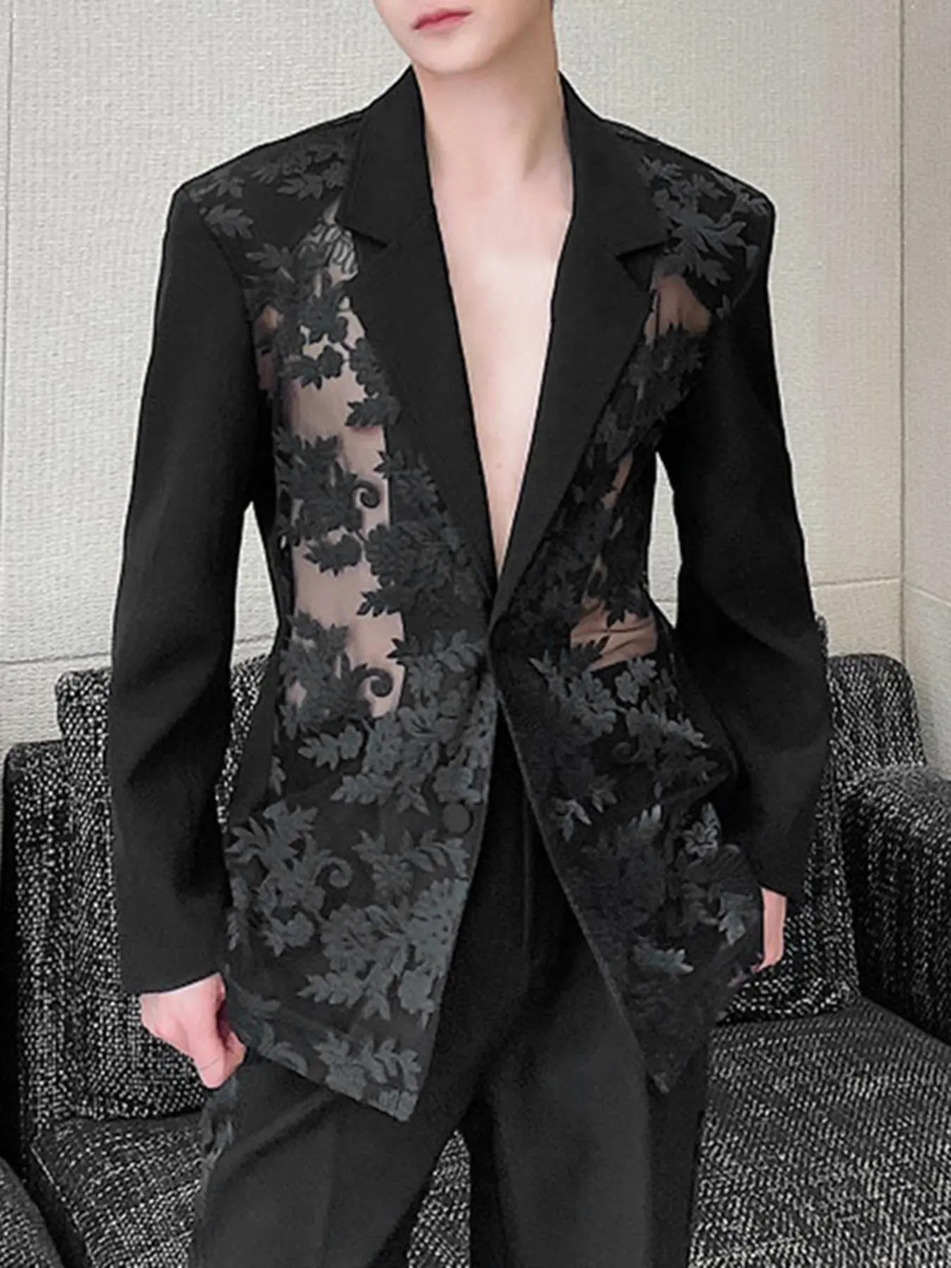 Men Blazers Classic Floral Mesh Patchwork Lace Sheer Transparent Fitted Lapel Long Sleeve Casual Suits Fabrics Menswear