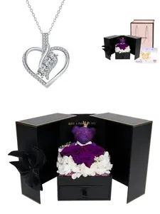 Heart-shaped Fashion Gem Necklace for Perfect Lovers with Purple Preserved Rose Bear Jewelry Gift Box, an ideal mysterious gift for festivals, dates, birthdays for wives or daughters, and Valentine's Day.
