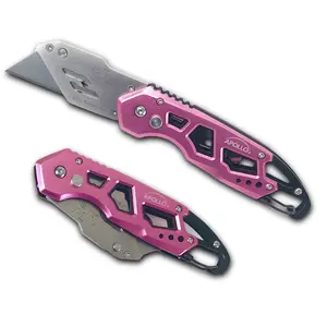 Ergonomic Stainless Steel, Lightweight, Foldable Pink Utility Knife with Carabiner Clip and Fast-Change Blade - DT5017P