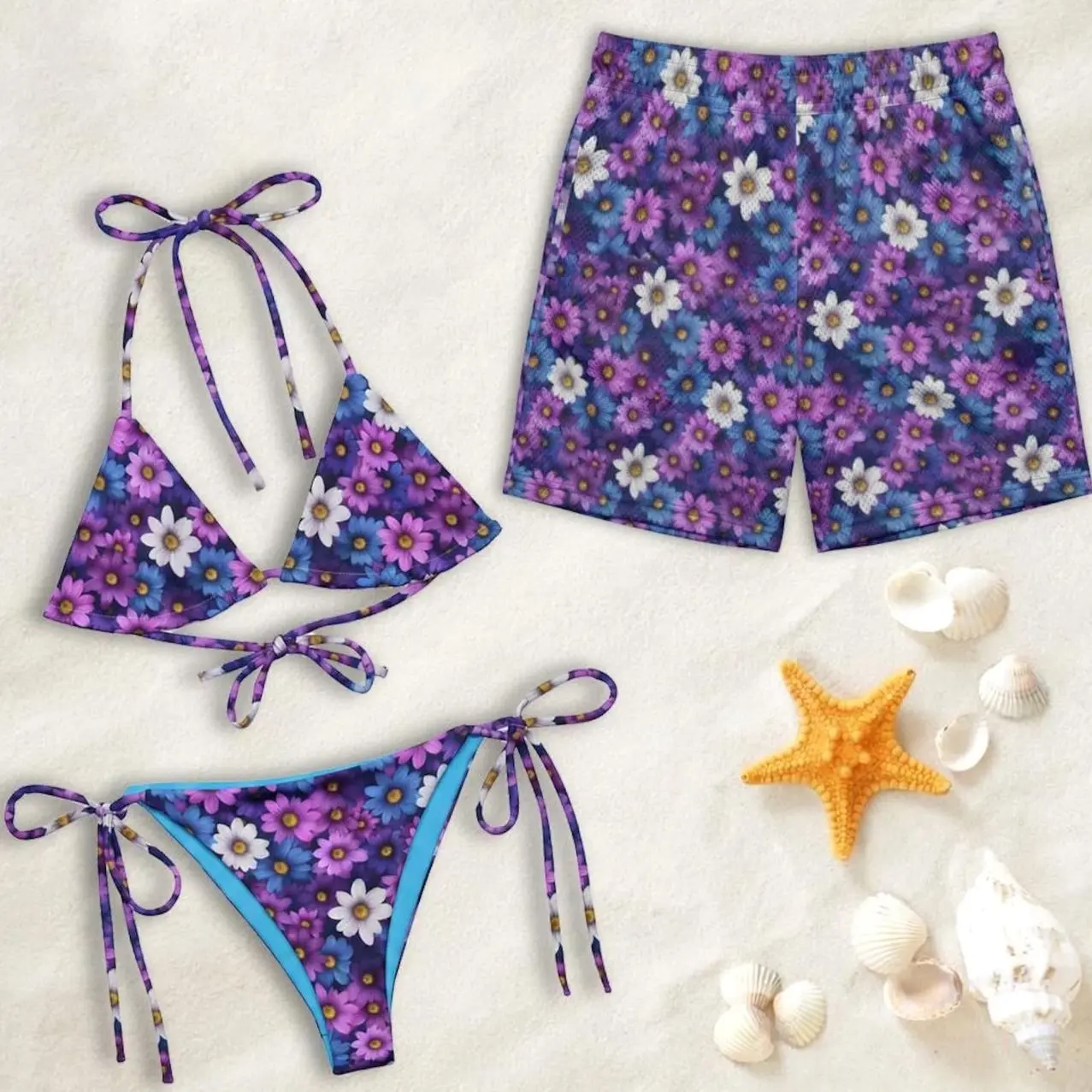Matching Couple Swimwear Set, Purple Daisy Bikini and Board Shorts, His & Hers Beach Vacation SBW