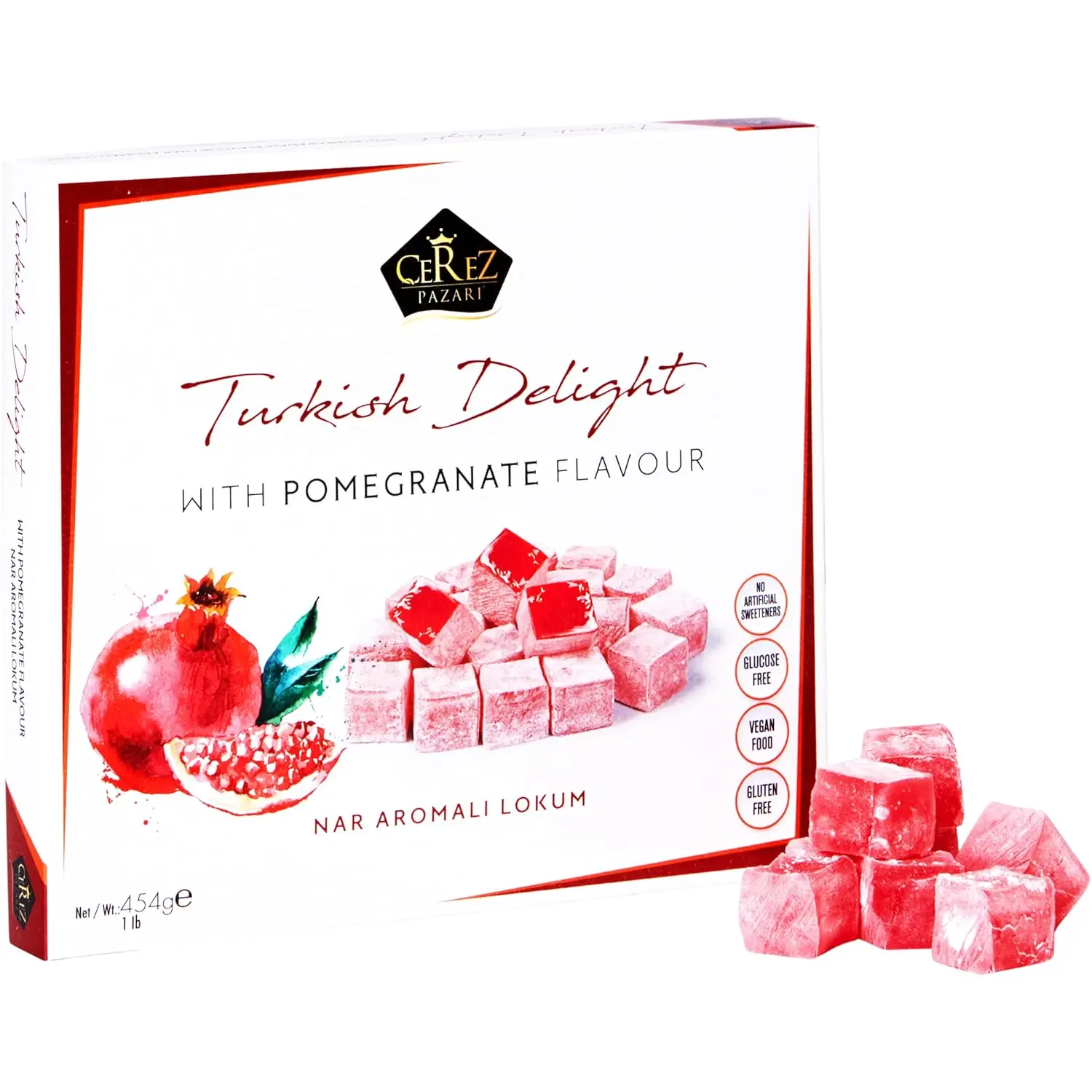 Turkish Delight Pomegranate Flavor, Gourmet Medium Size Snacks Gift Box, Sweet Luxury Traditional Confectionery, Vegan Soft Candy Dessert Loukoumi, Nuts & Glucose-Free Lokum, Approx. 42 Pcs, 16 oz.