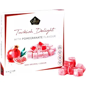 Turkish Delight Pomegranate Flavor, Gourmet Medium Size Snacks Gift Box, Sweet Luxury Traditional Confectionery, Vegan Soft Candy Dessert Loukoumi, Nuts & Glucose-Free Lokum, Approx. 42 Pcs, 16 oz.