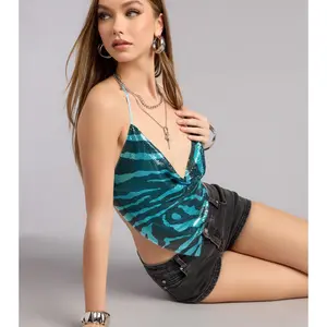Night Out Vibe Zebra Print Chainmail Halter Top