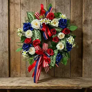 Elegant Blue Rose Patriotic Wreath, Mixed Bouquet with Star Striped Bow, Rustic Memorial Day and Veterans Day Door Decor