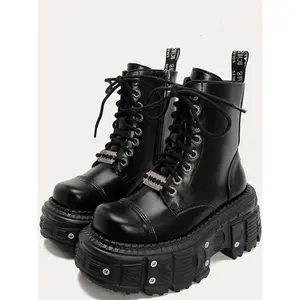 Women’s punk metal buckle boots, gothic-style thick-soled short boots, unique lace-up knight boots for women