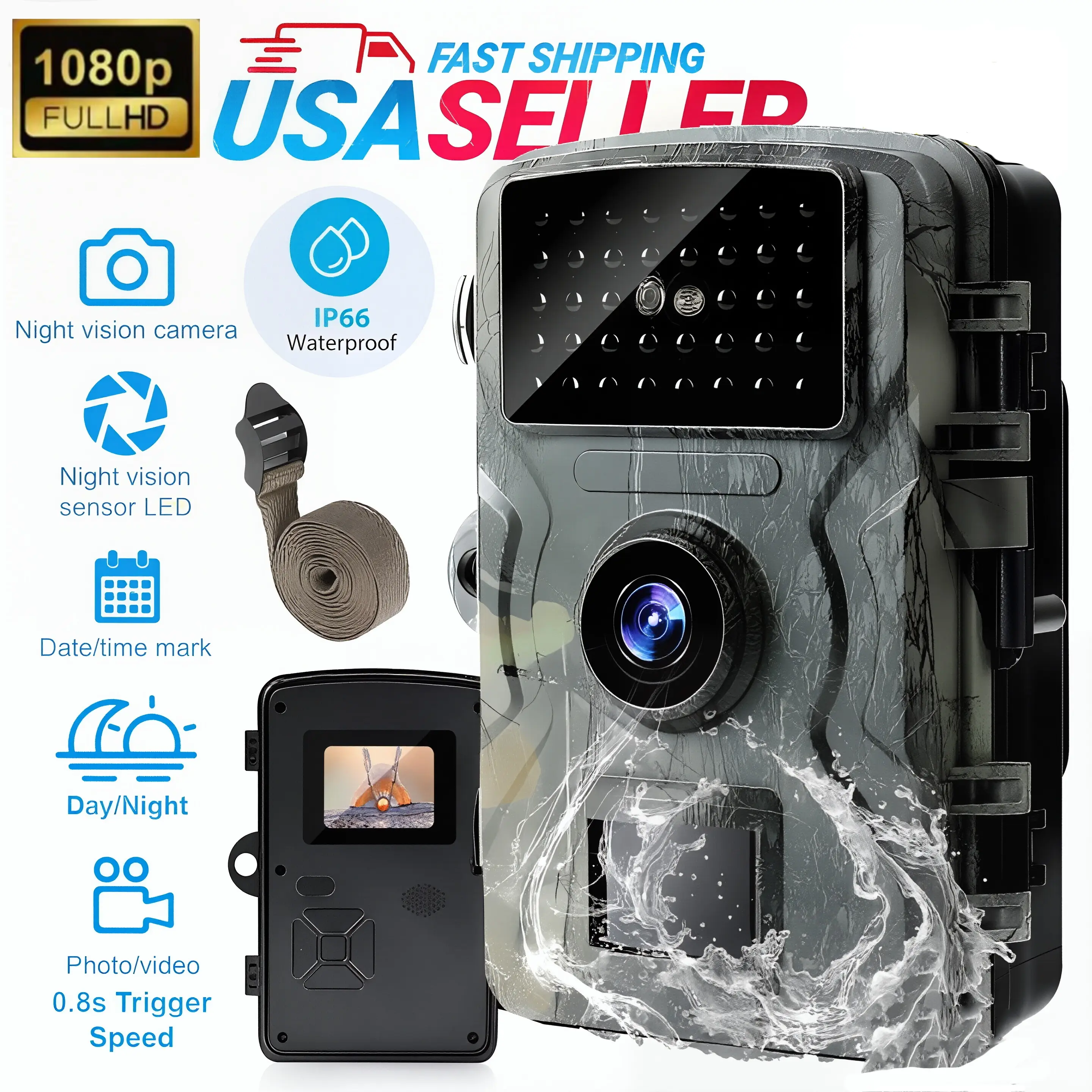 HD Trail Camera with 0.8S Trigger, Night Vision Camera, IP66 Waterproof, Camouflage, ABS Build, -20℃ to 70℃ Tolerance for Outdoor Wildlife Monitoring & Desert Use, Deserts