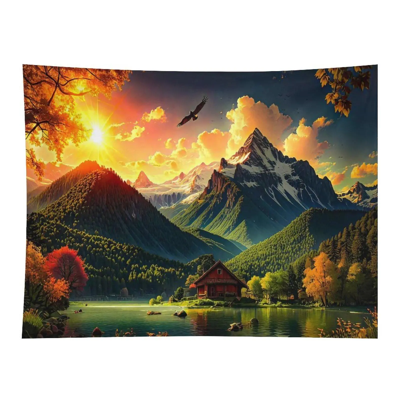 Golden Sunset Mountain Lake Red Wooden Cabin Autumn Forest Eagle Flying Vibrant Nature Landscape Wall Tapestry For Farmhouse Rustic Living Room Decor