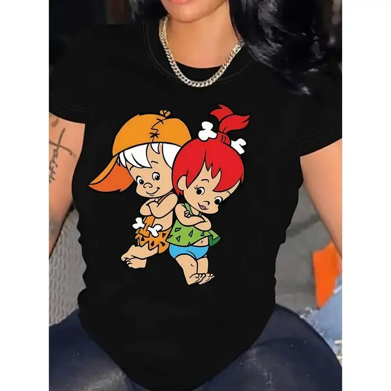 2026 Summer Unisex Boxy Round Neck Short Sleeve 180g Black Cotton Streetwear Tshirt - Cute Cartoon Flintstones Pebbles and Bamm-Bamm Print Casual Everyday Top