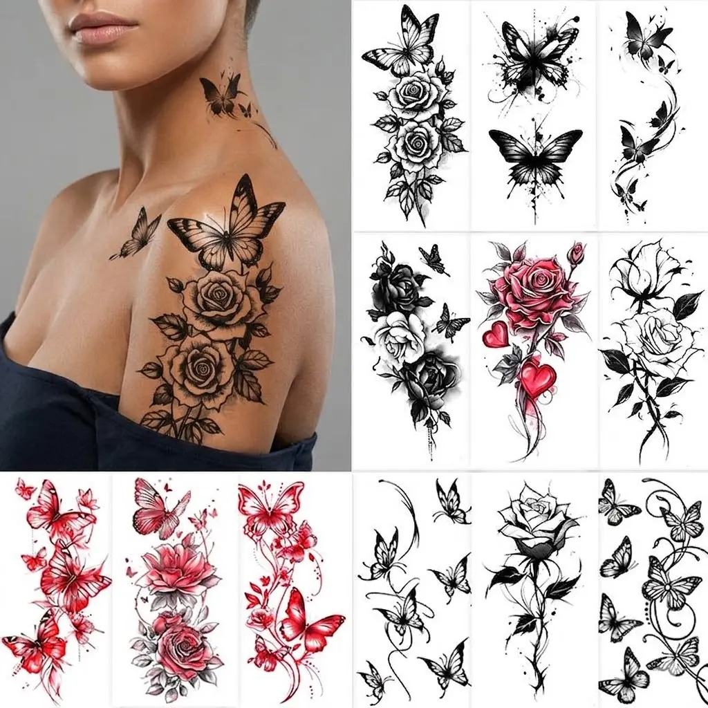 Women's 12-Sheet Realistic Half Arm Temporary Tattoos, Waterproof Long-Lasting Floral Red Fake Tattoo Stickers for Adults, Ephemeral Tattoos, Tattoo Art