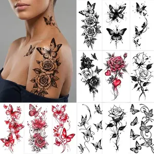 Women's 12-Sheet Realistic Half Arm Temporary Tattoos, Waterproof Long-Lasting Floral Red Fake Tattoo Stickers for Adults