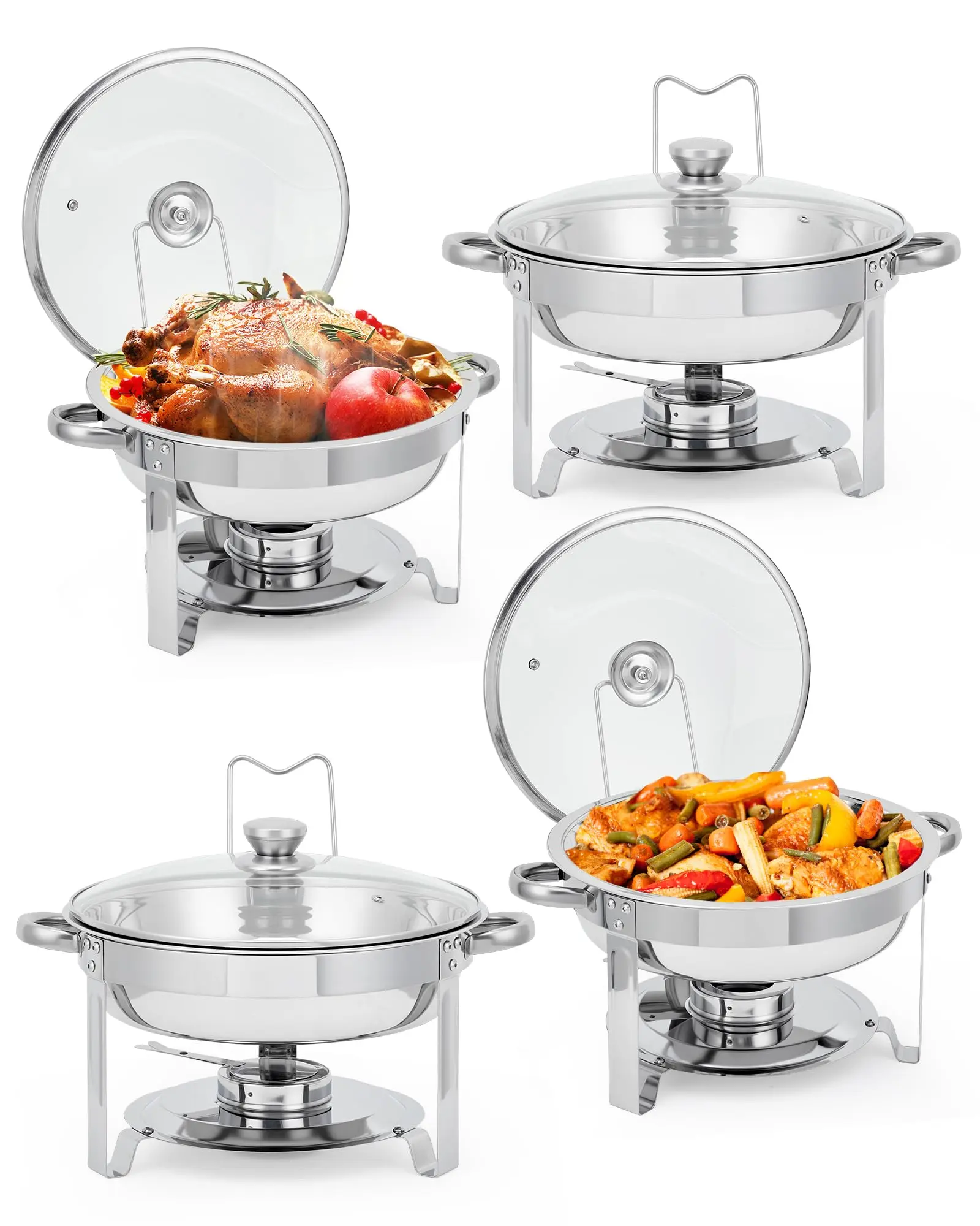 GARVEE 4-Pack 5QT Stainless Steel Round Chafing Dish Buffet Set for Home Parties, Christmas Gatherings, Catering Events - Durable and Elegant Buffet Serving Solution