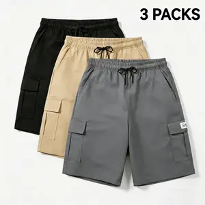 Men’s casual 3-pack shorts featuring flap pockets; loose, comfortable cargo shorts with elastic waistband and drawstring at the waist/hem. Versatile, trendy shorts suitable for all seasons—ideal for parties, gatherings, and dinners. Solid, minimalist fash
