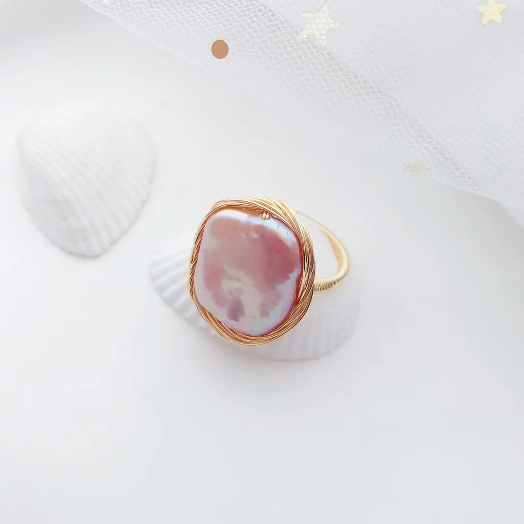 Hand Wrapped 14K Gold Filled Baroque Pearl Ring Natural Iridescent Pink Freshwater Pearl Statement Ring Adjustable Wire Wrapped Oval Pearl Finger Jewelry Dainty Boho Stackable Cocktail Ring Unique Gift For Women Girls Daily Wedding Party Wear