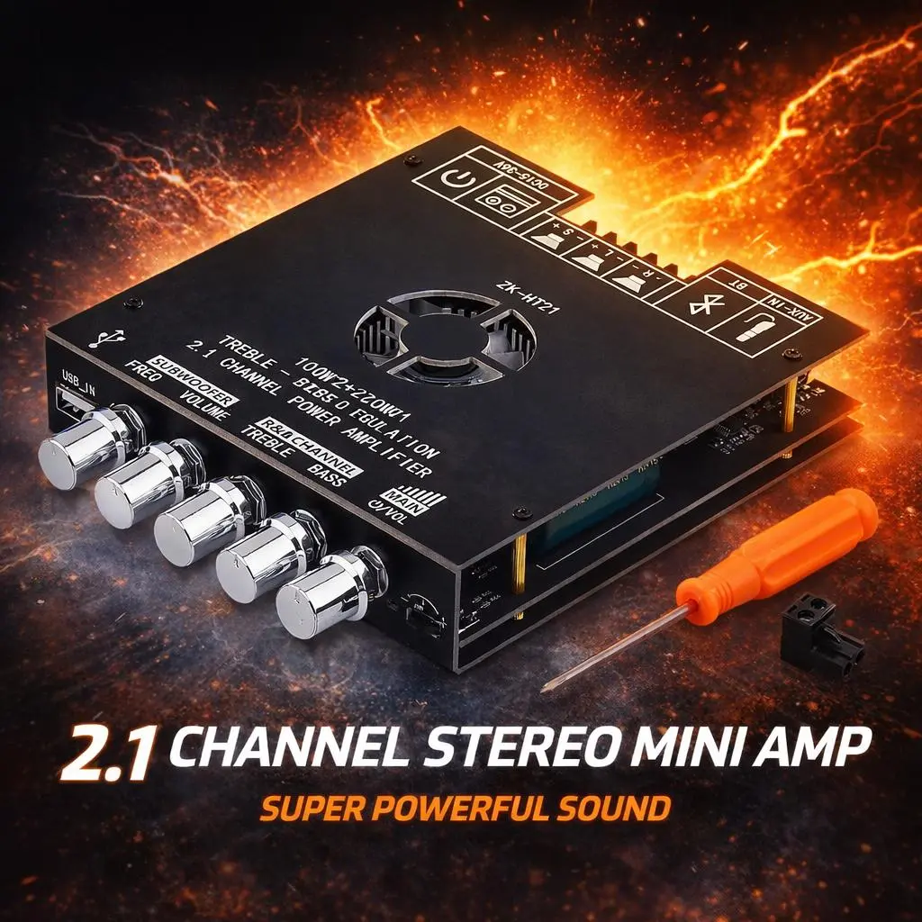 ZK-HT21 TDA7498E Class D Audio Amplifier Board, Bluetooth 5.0, 2.1 Channel, 160W+160W+220W Subwoofer Support, Treble Bass Adjustment, DIY Home Theater Module