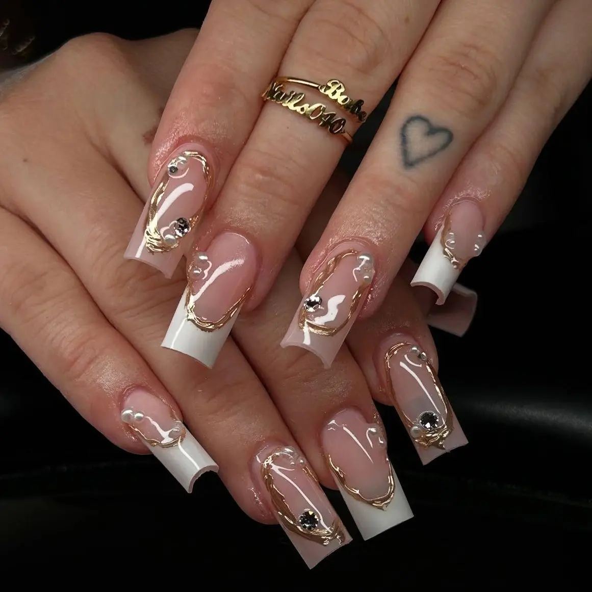 (MTO) Handmade Press-On Nails, BubbleNailArt Classic Pearl Elegance Design, 3D Gold Chrome Swirl, White French Tip, Rhinestone Adorned Fashion Hand Accessories