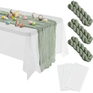 6 Pack Easter Green and White Table Decorations 3 Pcs 108" x 54" Disposable Tablecloth 3 Pcs 108'' x 85'' Gauze Table Cover Runner for Dining
