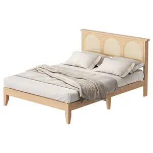 Bed Frame, Wood Bed Frame with Natural Rattan Headboard, RGB LED Lights, 12.4 Inch Noise-Free Platform Bed Frame with Strong Wood Slats Support, No Box Spring Needed