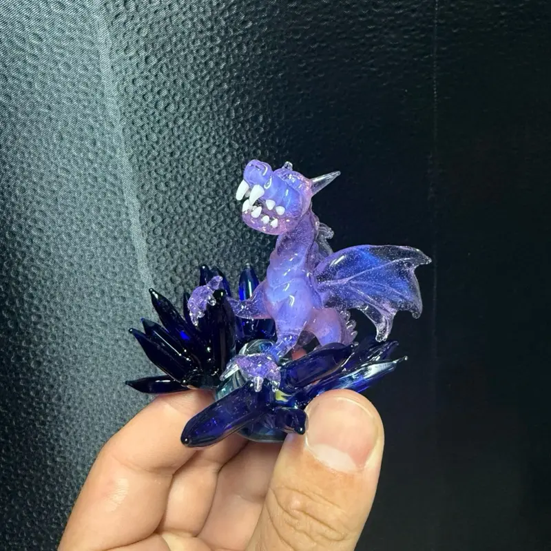 Handmade Mystical 3in Opalescent Pink Borosilicate Glass Dragon Statue, Luminous Decorative Home Decor - Desk Decor Ornament, Dragon Shape