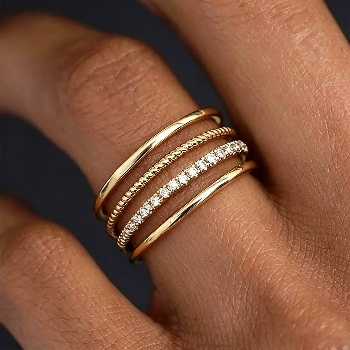 Women's 4PCS Minimalist 14 Karat Gold/Silver Plated Tarnish Proof Jewelry, 1.3mm Thin Dainty Rings Stackable Cubic Zirconia Bands, Thumb Ring Gifts (Sizes 7-9)