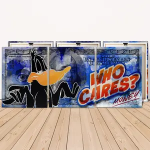 3 Counts Wooden Framed Canvas Painting, Cartoon Duck And Dollar Art Images, Exquisite Poster, Perfect Living Room Decoration, Fashion Family Poster, Wall Art Decoration, Waterproof Art, Western Wall Art, Vintage Wall Art