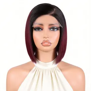 1B/99J Burgundy Glueless Straight Short Bob Wig With Drawstring Black To Burgundy Ombre Pre-cut 5x5 HD Lace Human Hair Wigs With with Left C Part Pre plucked Pre Bleached Knots 180% Side Part Wig Beginner Friendly