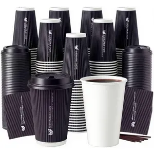 50 Pack 12 oz Disposable Coffee Cups with Lids and Straws, Insulated To Go Paper Coffee Cups with Detachable Corrugated Sleeves, Hot/Cold Drink Cups for Of