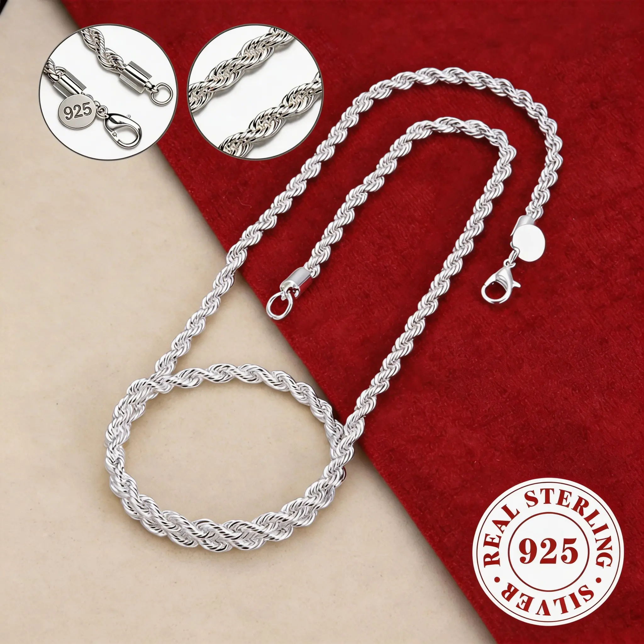 925 Silver Plated 4mm Twisted Links Rope Chain Necklace - 20in/24in, Lobster Clasp, Hypoallergenic, Tarnish Free Chain, Durable Decorative Necklace, Adults Unisex Daily Wear Gift, Necklace And Chain, 20 Inches