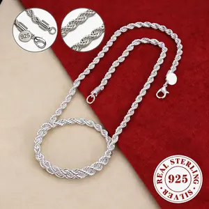 925 Silver Plated 4mm Rope Chain Necklace for Men & Women – Twisted Link, Lobster Clasp, 20/24 Inches | Hypoallergenic, Tarnish-Proof, Durable Hip Hop Daily Wear | Perfect Unisex Family Gift & Men's Jewelry
