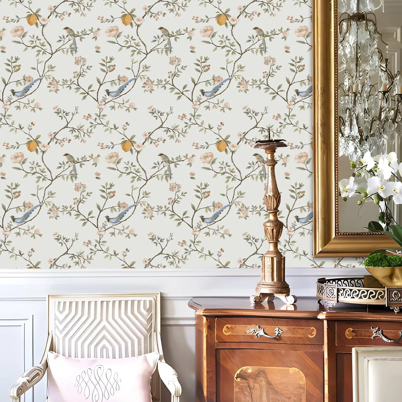 Elegant Country Self-Adhesive Wallpaper, Floral Bird Plant Design, Removable Waterproof Home Decor, Living Room Bedroom Kitchen Bathroom